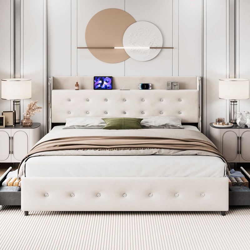 Upholstered Platform Bed Frame With Wingback Diamond Tufted Headboard