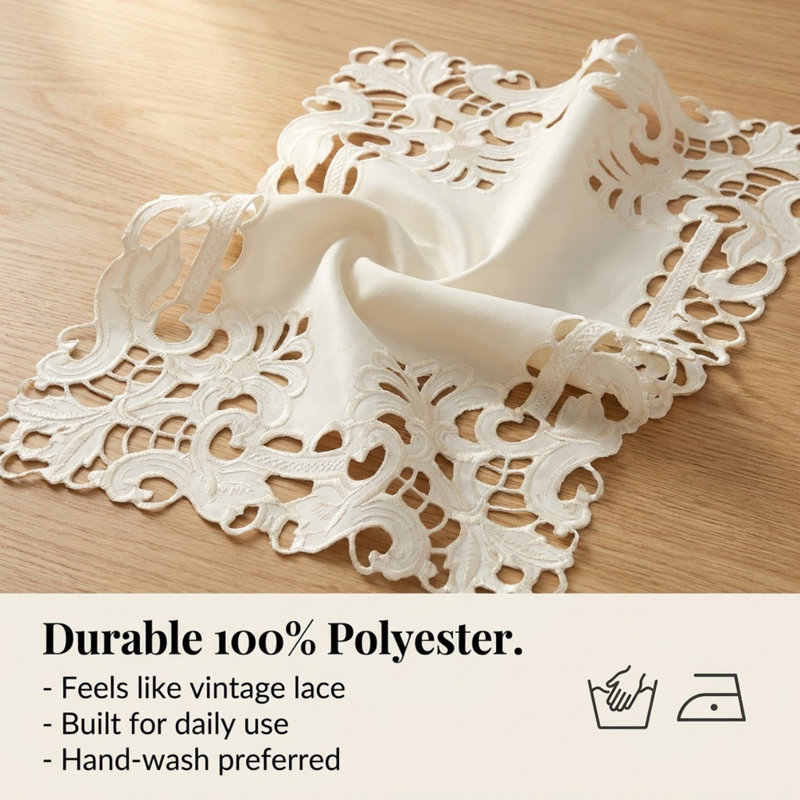 Light Beige Lace Table Runner with Elegant Cutwork Embroidery for Dining Table and Christmas Decor