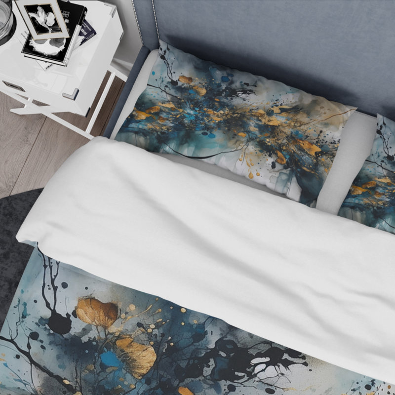 Ensemble de housse de couette en microfibre / polyester à encre liquide bleue et dorée
