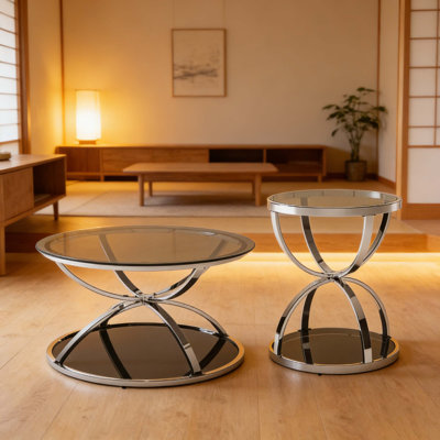 Table basse ronde à 2 niveaux en verre, cadre en anneau argenté, verre gris, ensemble de 2