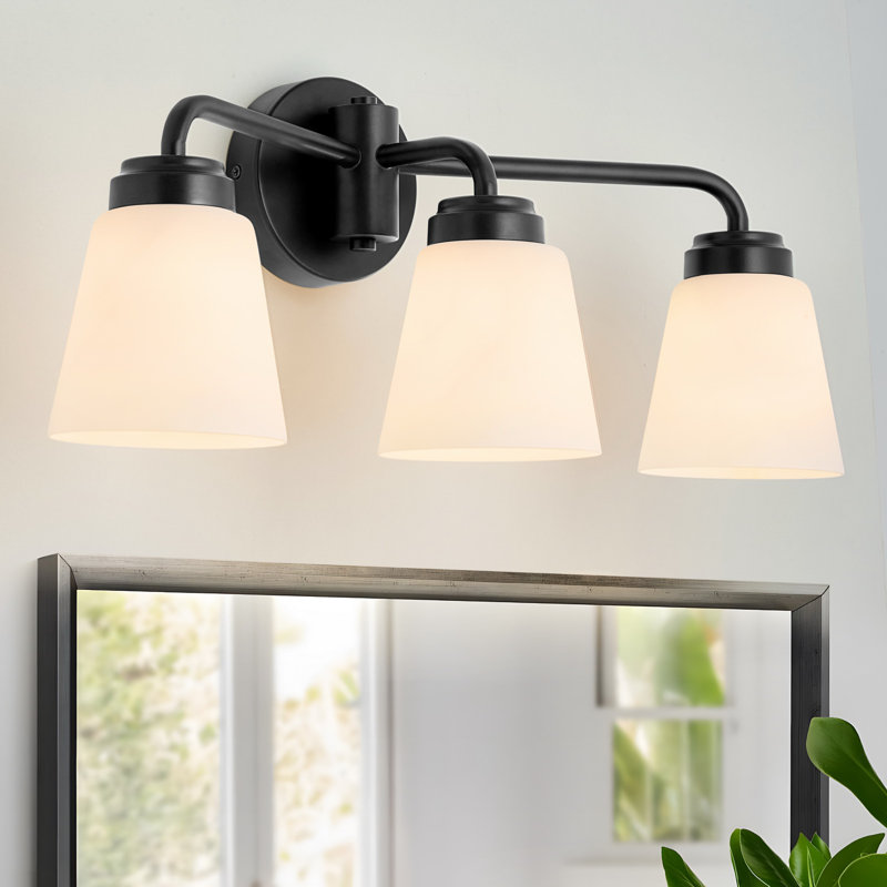 Luminaire de salle de bain 3 lumières à intensité variable avec abat-jour en verre laiteux, Noir mat, 3
