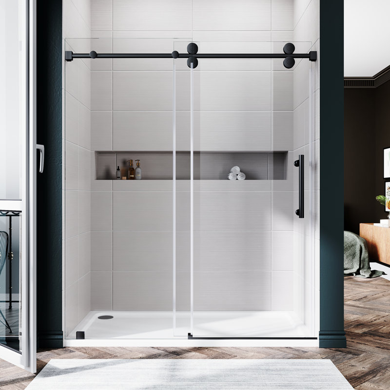 50" - 55" W x 76" H Single Sliding Frameless Shower Door, Black