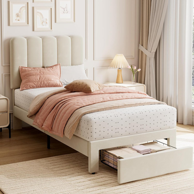 Cadre de lit simple 2 pièces avec tiroir sous le lit, tête de lit tapissier Wave, lattes en bois, pas de sommier tapissier, velours beige