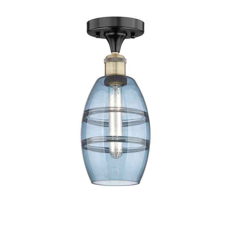 Plafonnier semi-encastré 1 lumière Edison - Abiagael, Bleu princesse, H 8,25 po x l 5,88 po x P 5,88 po, Laiton antique noir