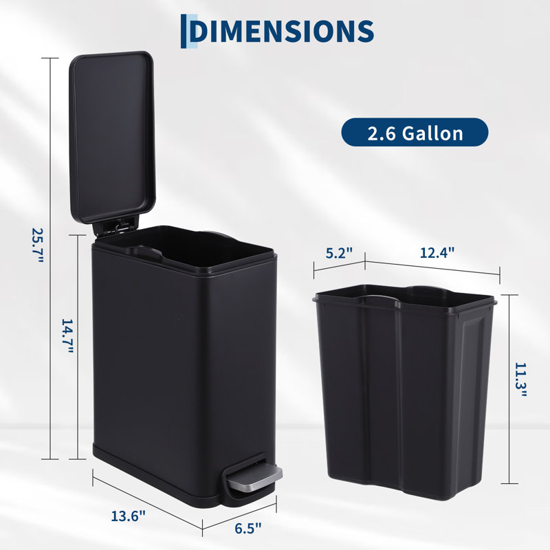 Poubelle en acier inoxydable 10 litres / 2,6 gallons avec seau intérieur amovible et pédale pour toilette, chambre à coucher, cuisine