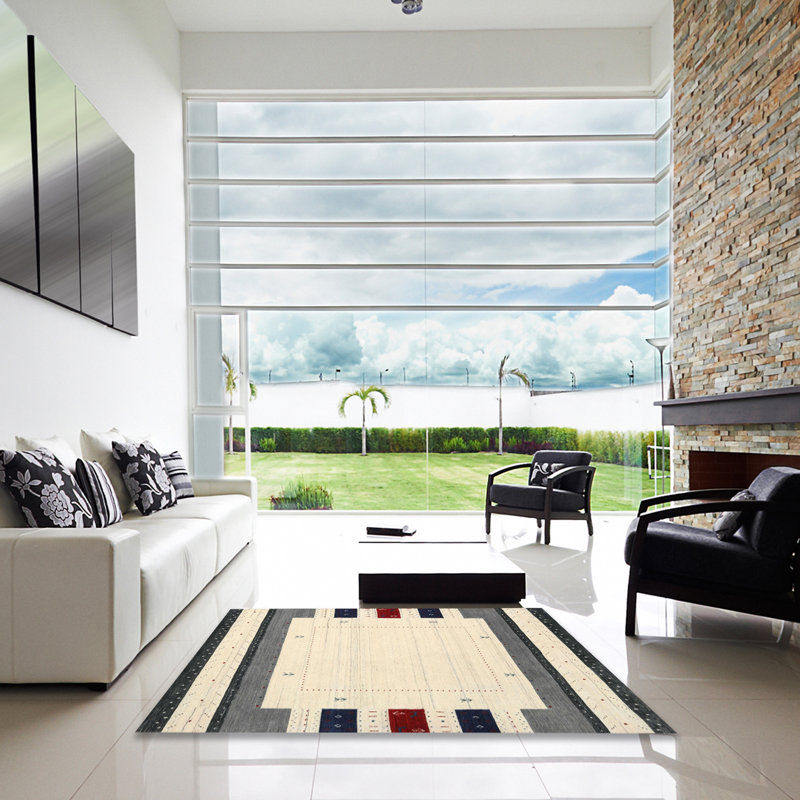 Tapis contemporain ivoire / gris, Carré 3 pi