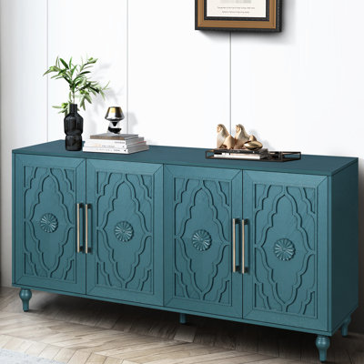 Armoire en bois Mordern avec portes à fleurs et poignée en métal pour la cuisine - tablettes réglables bleues