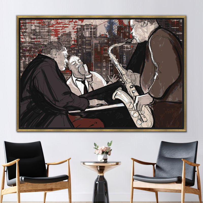 Art mural sur toile Jazz, avec saxophone, piano et autres instruments de musique, décoration murale, H 37 po x l 61 po, Doré