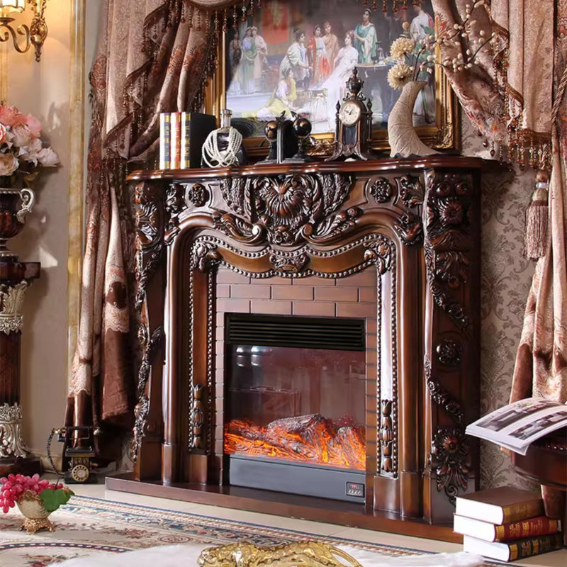 73.23"Brown Vintage Solid Wood Simulated Flame Electric Fireplace, Brown, 49.41" H x 73.23" W x 13.98" D