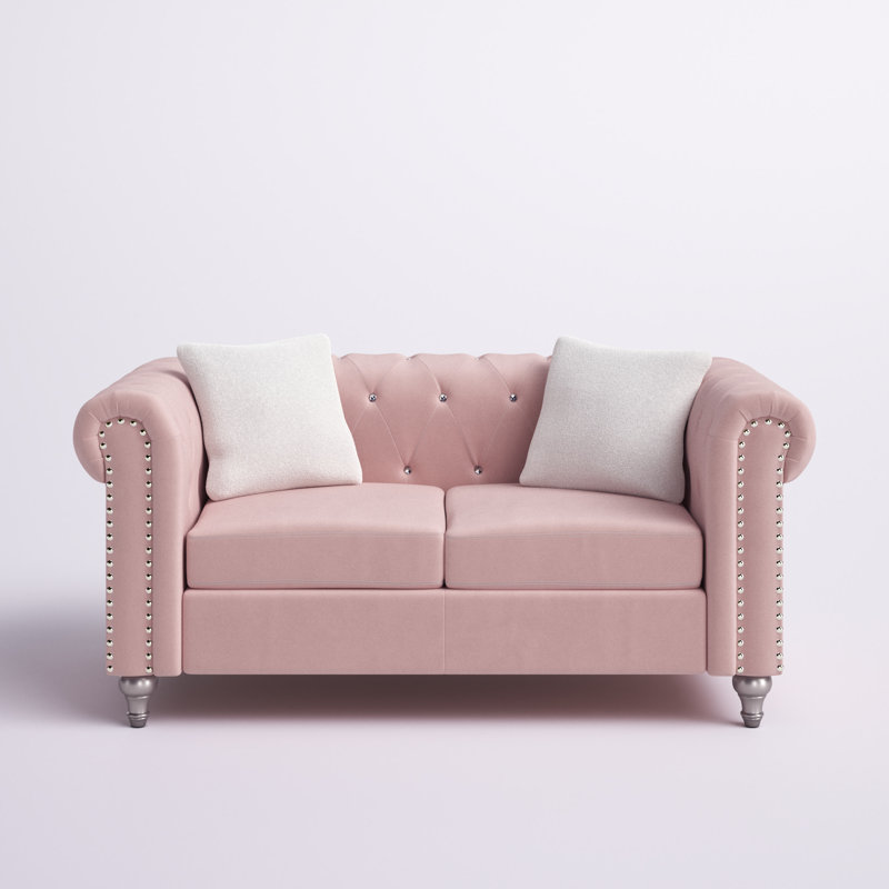 Glory Furniture Raisa Velvet Rolled Arm Chesterfield Loveseat, Pink