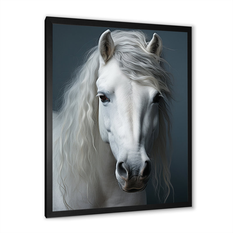 Kendallyn White Horse Crisp, impression monochrome sur toile, Cadre photo noir, H 44 po x l 34 po x P 1,5 po