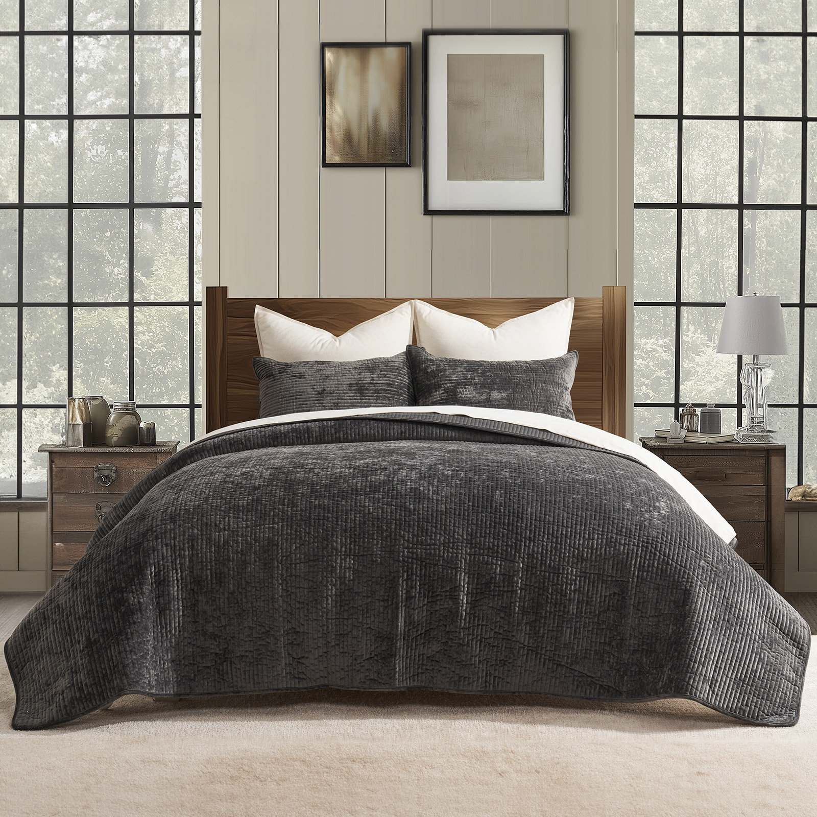 Striped Channel Velvet Quilt Set, Washed Black, King