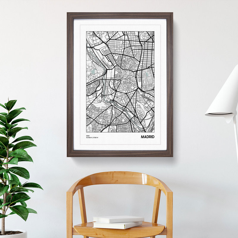 Map Madrid Spain - Picture Frame Graphic Art, 90cm H x 65cm W x 2cm D, Walnut