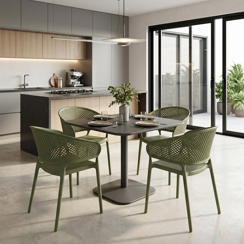 ALBIN 80 Square Table Nickel Grey with 4 PETRA Chair Avocado Set