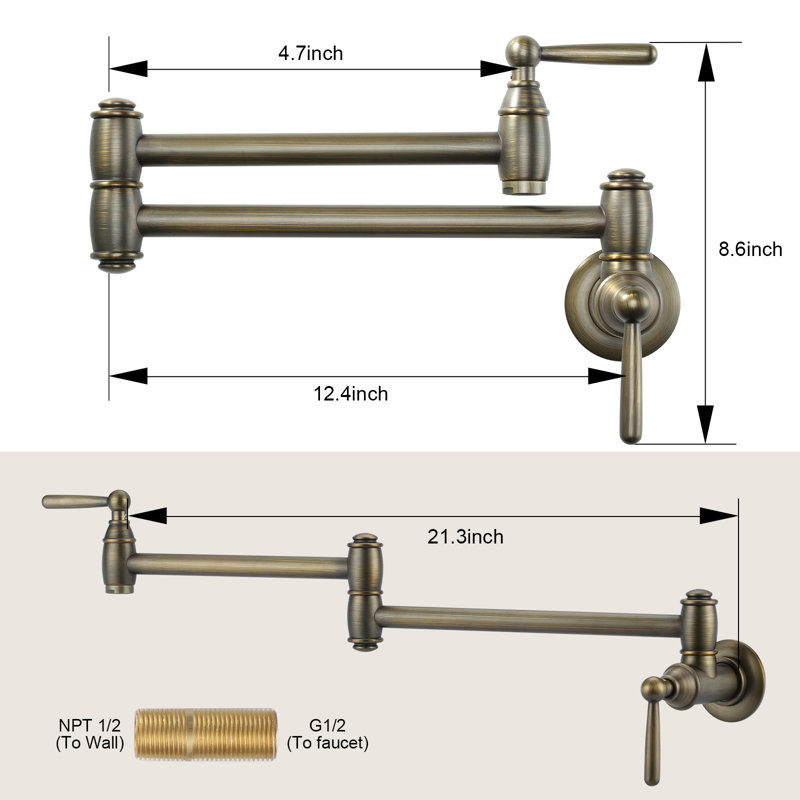Wall Mounted Brass Pot Filler with 2 Handles, Antique Bronze