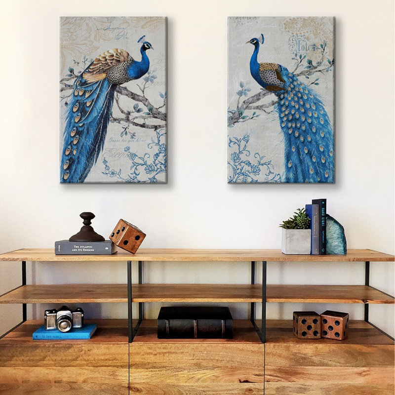 Paon sur une branche, impression sur toile 2 pièces, H 28 po x l 40 po