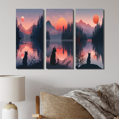 Silhouette de chat rose noir, coucher de soleil sur lac I - Collection de 3 reproductions sur toile modernes
