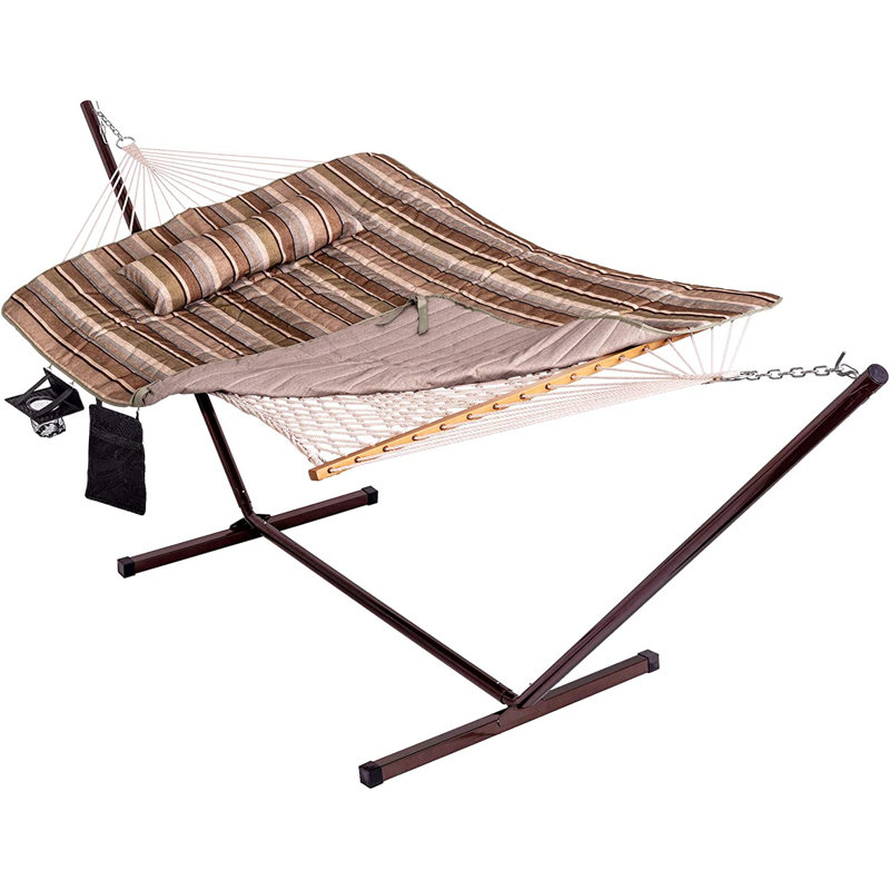 Hamac double avec support Kmiyah, Vert olive / taupe