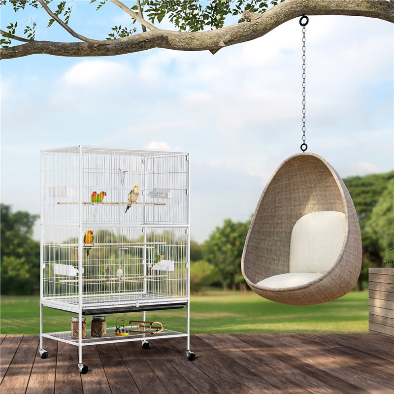 White 52'' Rolling Steel Bird Cage with Perches and Storage
