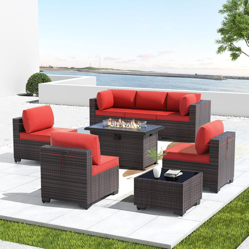 Yasmina 8-Pieces All-Weather Wicker Outdoor Conversation Sets With 55,000 BTU Fire Pit Table And Cushions, Red