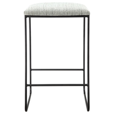 Élégant tabouret de comptoir avec siège en faux lin chiné et repose-pieds en métal noir mat, sans assemblage, pour une cuisine élégante. Assemblage contemporain requis