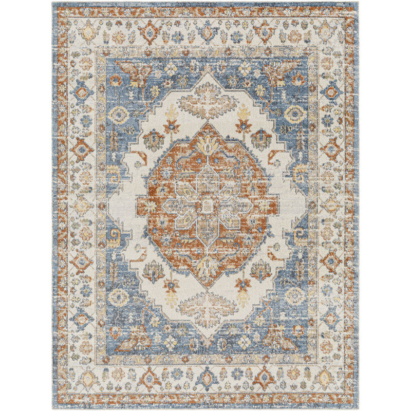 Oriental Machine Woven Polyester Area Rug in Blue, Rectangle 2' x 3'