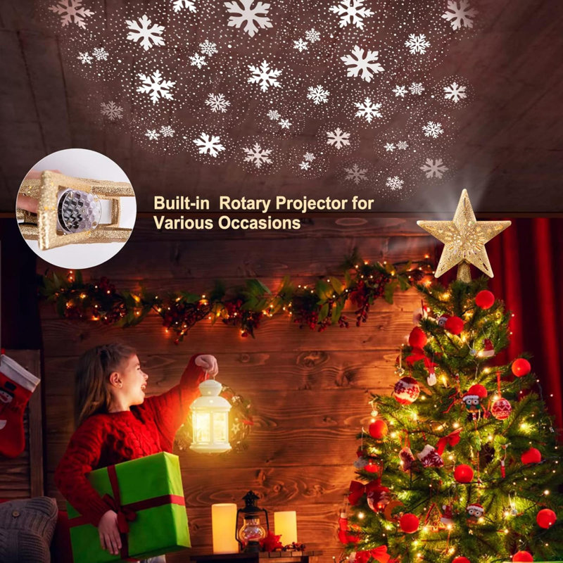 Décoration pour sommet de sapin de Noël éclairé avec 6 modes de projection, décoration pour sommet de sapin étoile de Noël de 9,8 po avec lumières DEL intégrées, sommet de sapin avec paillettes dorées à brancher pour les décorations de Noël