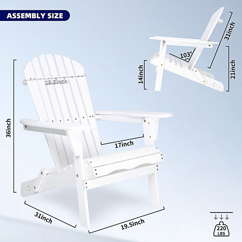 Set Of 2 Outdoor Folding Adirondack Chair, Lounge Patio Chair, White