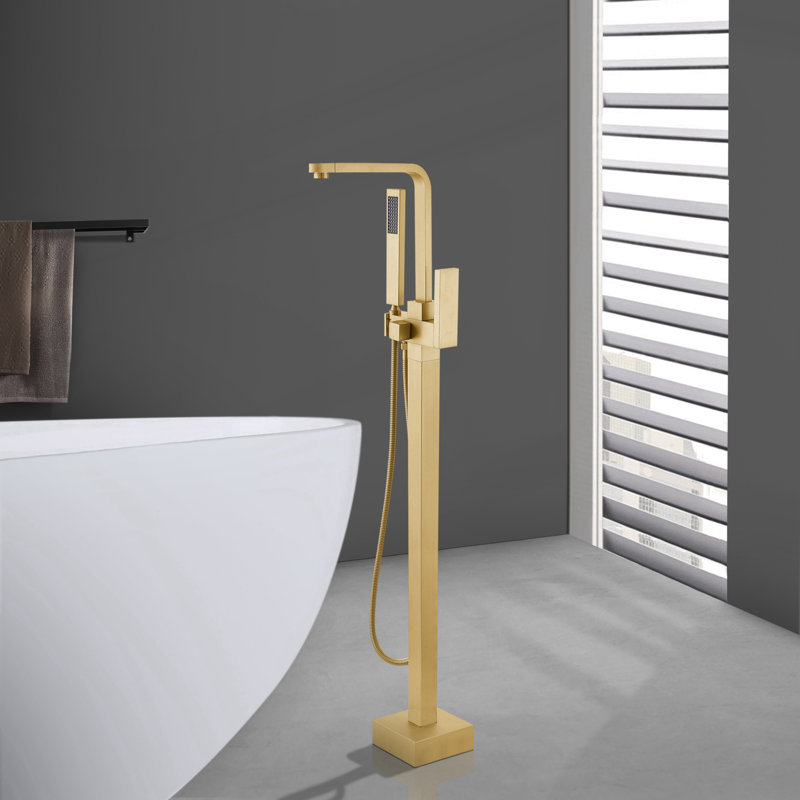 Single-Handle Freestanding Tub Faucet With Hand Shower Floor Mount In, Brushed Brass