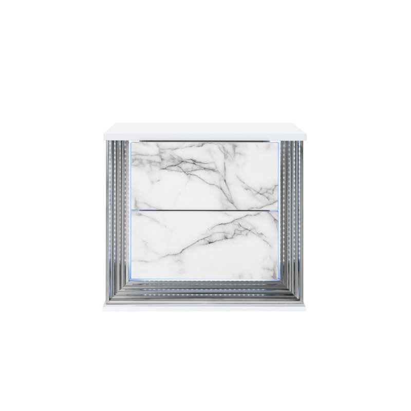 Table de nuit à DEL en marbre blanc, vision épurée moderne, caractéristiques riches, haute brillance, bois massif +, P 26,65 po, l 17 po, H 25,15 po, table de chevet de 62,27 lb, conception avec accents, profondeur, largeur, hauteur,