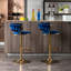 2 tabourets de bar, surface en velours bleu, pieds dorés, repose-pieds et base, hauteur réglable par outil de levage mécanique de 2 pieds avec instrument traversant
