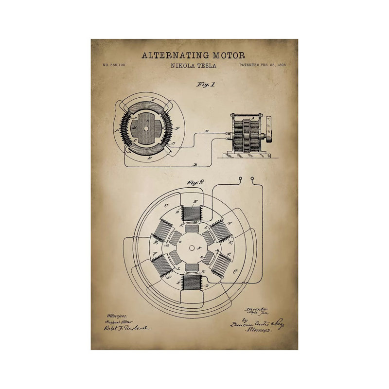 Tesla Alternating Motor by PatentPrintStore - Wrapped Canvas Print, 101.6cm H x 66.04cm W x 1.91cm D