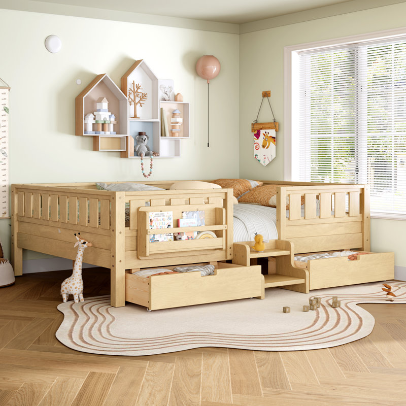 Queen Size Storage Bed with Built-in Bookshelves, Drawers, Safety Staircase & Rails, Light Natural
