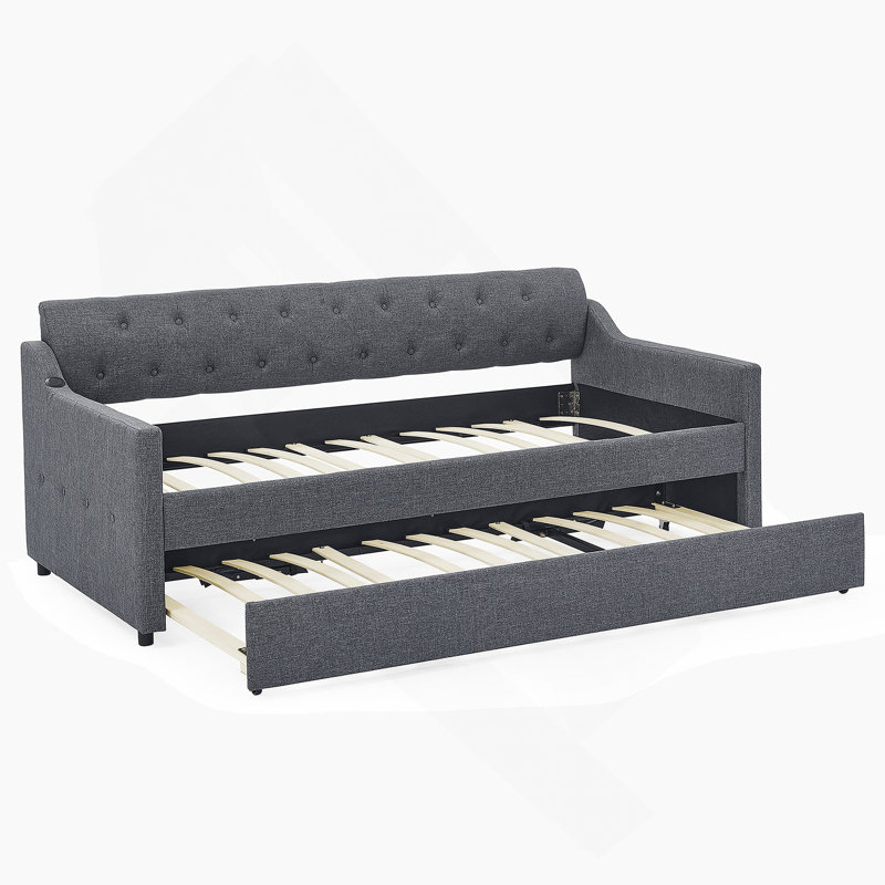 Twin Size Upholstery Daybed With Twin Size Erectable Trundle And USB Charging Design