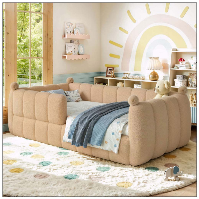 Lit de sol tapissier pour enfants, lit de plancher Montessori avec rails de sécurité, cadre de lit pour enfant, Natural
