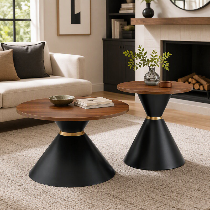 Ensemble de deux tables basses rondes élégantes, plateau en noyer, piètement robuste en métal, table d'appoint facile à nettoyer pour salon ou chambre, coloris noyer et noir.