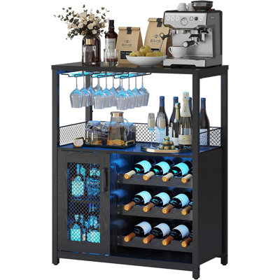 Wine Bar Cabinet With LED Lights, Industrial Home Coffee Bar With Adjustable Wine Rack & Glass Holder by 17 Stories