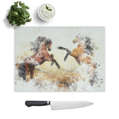Tempered Glass Two Wild Stallion Horses Watercolour Chopping Board