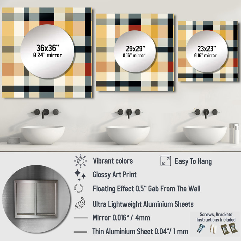 Noir et crème à carreaux sophistiqués - Art mural rétro carré en miroir pour salle de bain, 23 po x 23 po