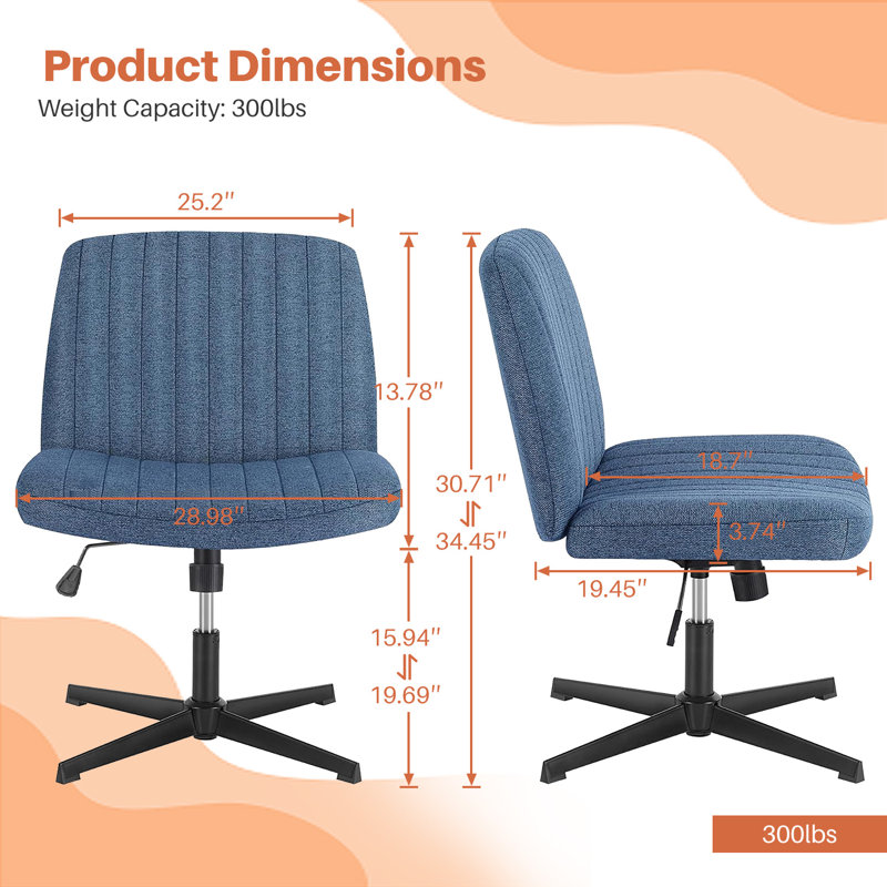 Brenae Upholstered Armless Swivel Task Chair, Blue, Fabric.