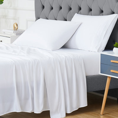 Ensemble de draps en rayonne 3 pièces avec drap-housse entièrement élastique à poche profonde de 16 pouces, literie en sergé soyeux pour les dormeurs chauds et les sueurs nocturnes