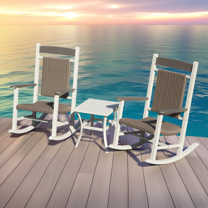 3-Piece HDPE & Wicker Rocking Chair Set - Oversized 380LB Capacity Rockers