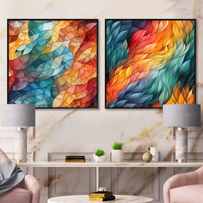 Ensemble de 2 mosaïques multicolores en verre - formes carrées abstraites, Cadre flottant noir, H 16 po x l 33 po