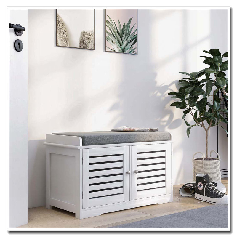 Banc de rangement pour chaussures avec coussin de siège rembourré, banc d'entrée avec 2 portes de grange