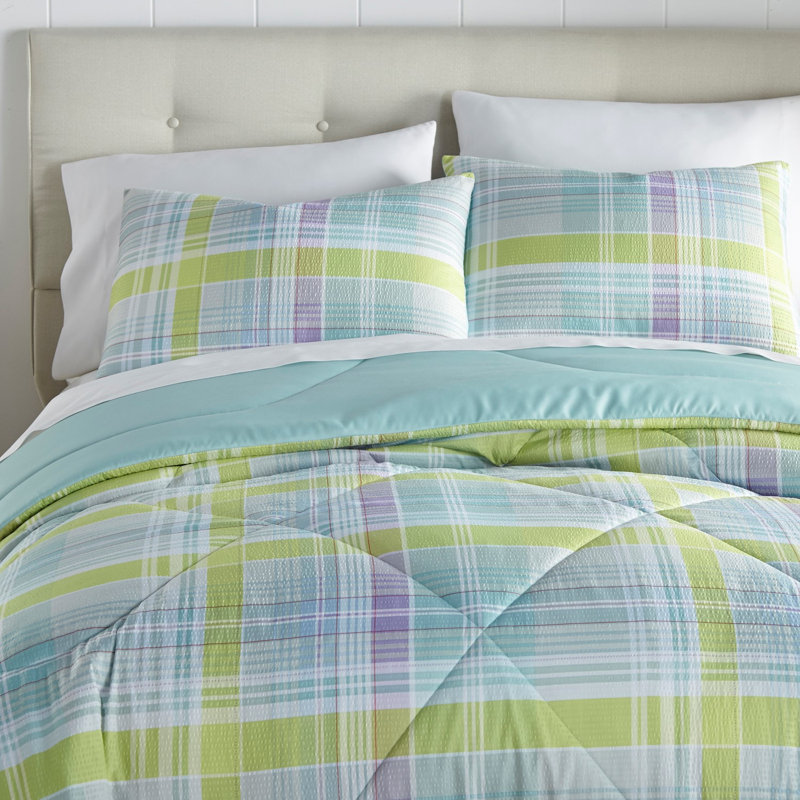 Ensemble d'édredon Seersucker, Édredon pour très grand lit + 2 taies décorativ, Tissu écossais d'été