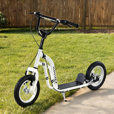 Scooter pour enfants en acier blanc avec roues gonflables de 12 pouces et freins doubles, guidon réglable