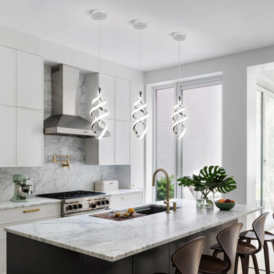 Modern Led Pendant Light Fixture, 15W Chrome Spiral Led Chandelier Hanging Lamp, 4500K Daylight White Pendant Lamp, Adjustable Height Pendant Light for Kitchen Dining Room Bedroom Kitchen Island Cafe