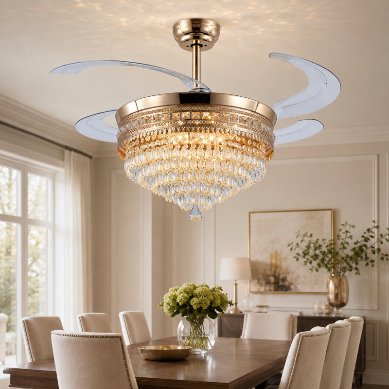 Ventilateur de plafond 48 "rétractable en cristal avec lumières DEL et télécommande, Gold/Gold