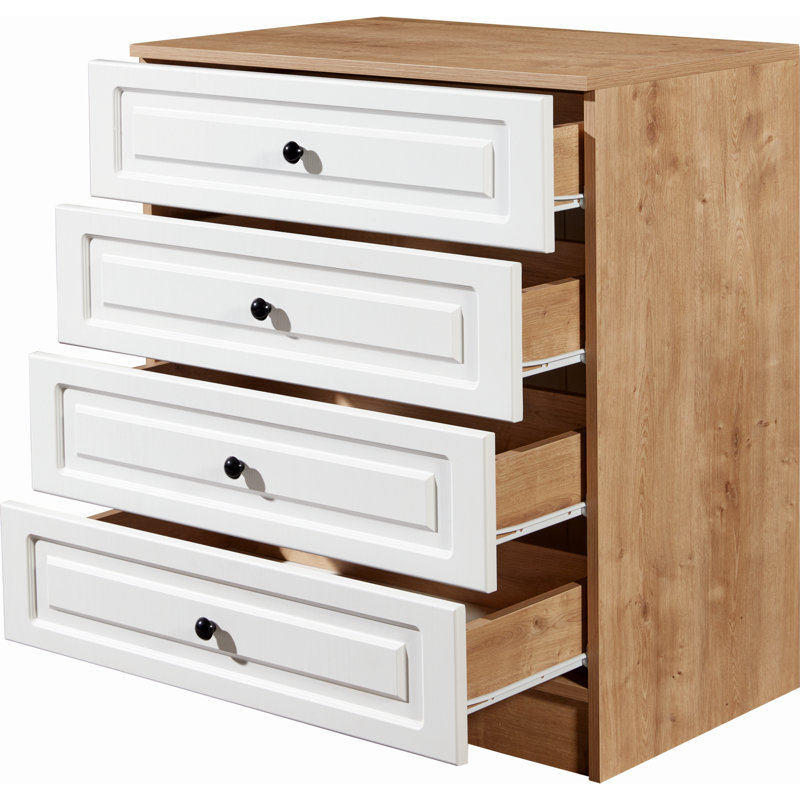 Commode moderne avec 4 tiroirs, chêne saphir et noyer, 31,5 po x 35,4 po x 19,3 po | Panneau de particules enduit 100% mélamine, assemblage facile avec système Minifix | Solution de rangement élégante pour les chambres contemporaines