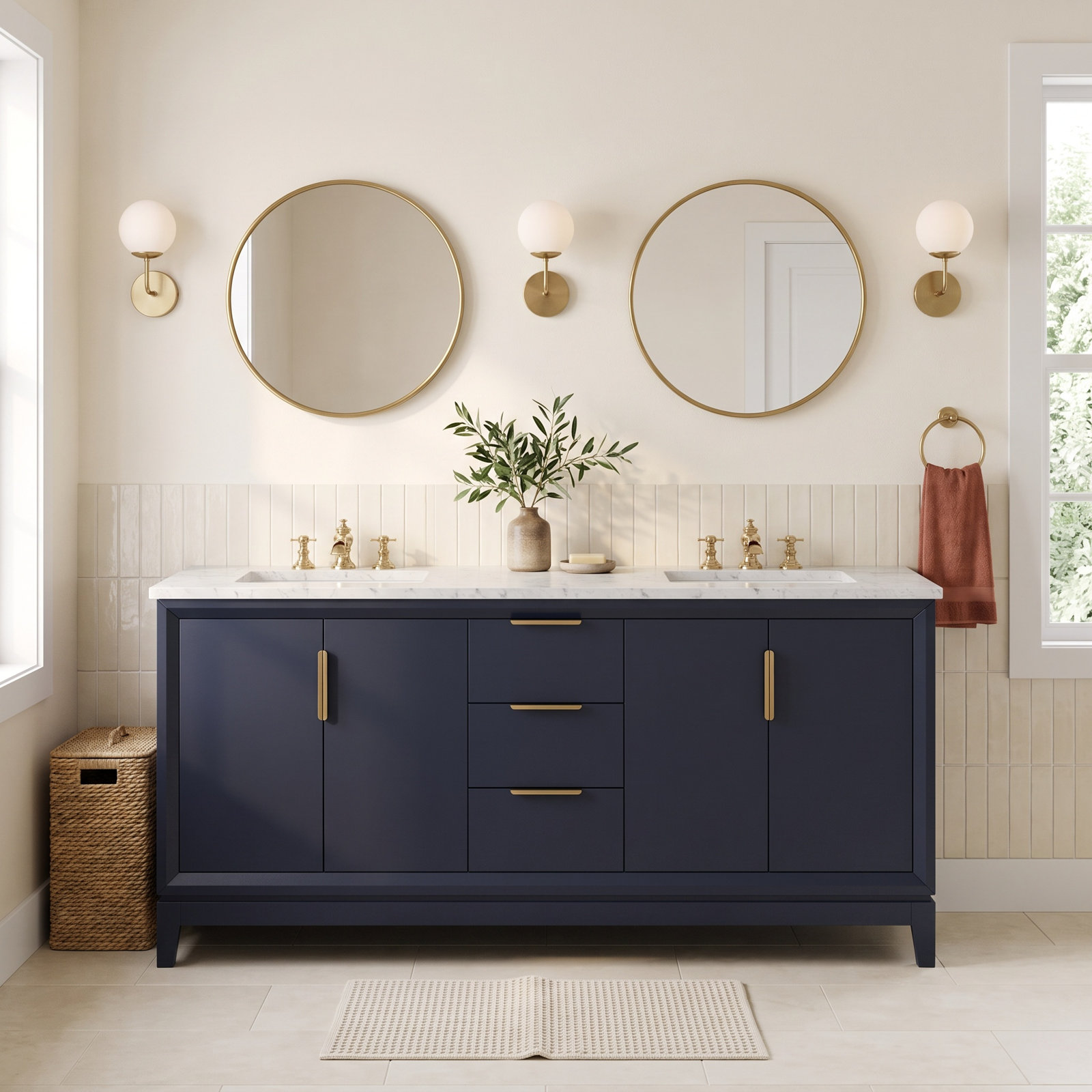 Charlise 72" Carrara Marble Double Bathroom Vanity, Monarch Blue, Waterfall